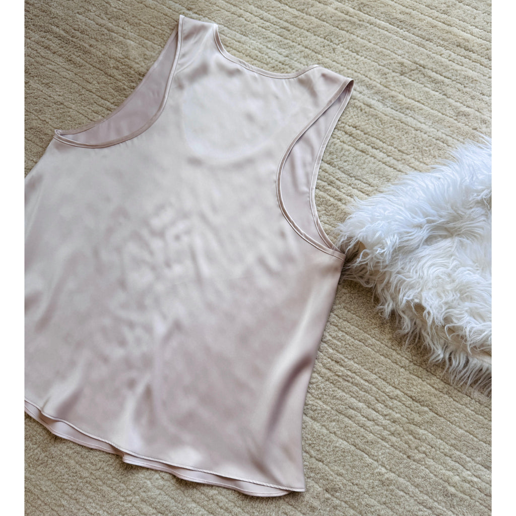 Neutral Pink Satin Pajama Set  – Sleeveless Scoop Neck Top & Shorts EMI
