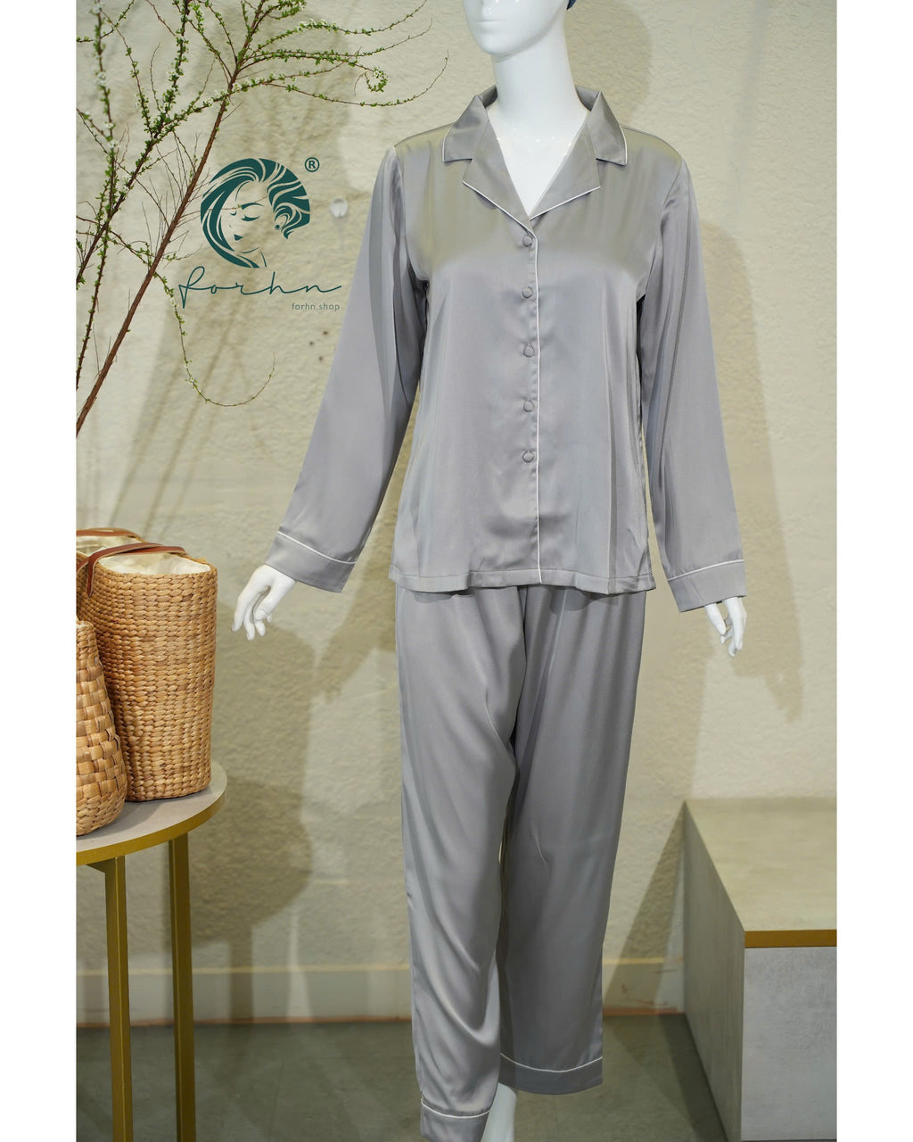 White Satin Pajama Set, Long Sleeve Bridal PJs NUTBOC