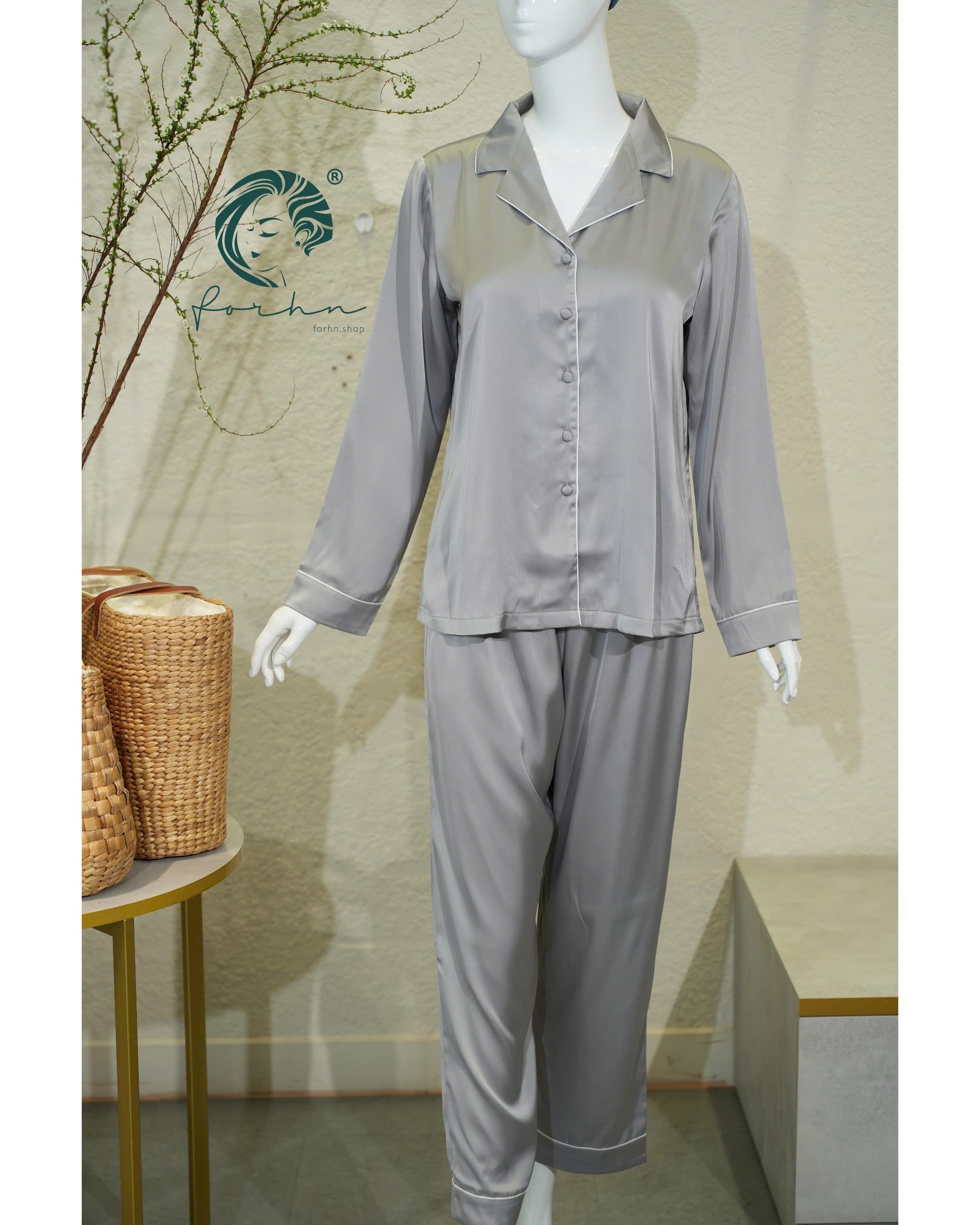 White Satin Pajama Set, Long Sleeve Bridal PJs NUTBOC
