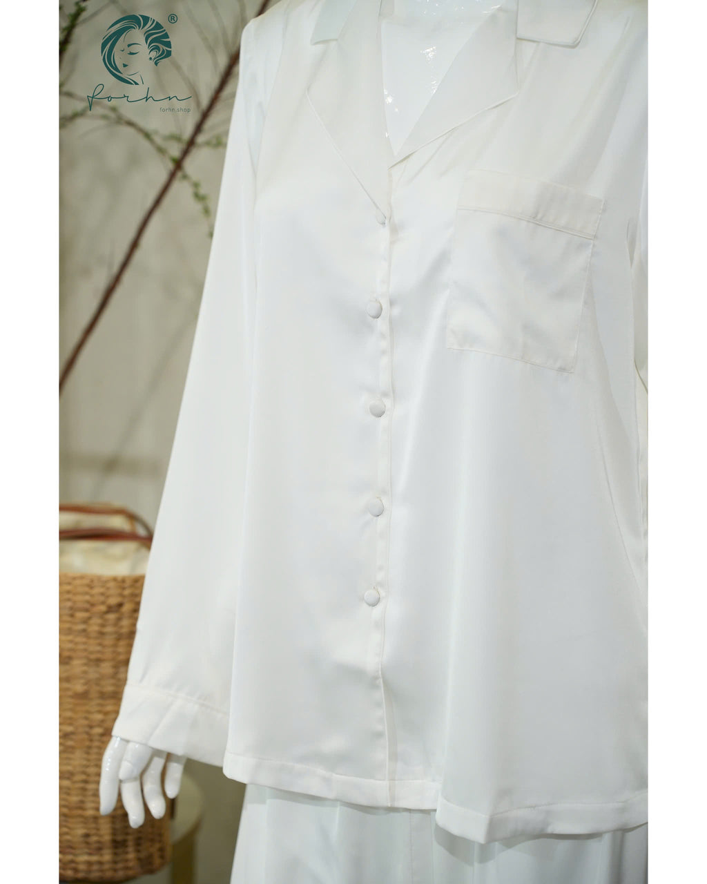 White Satin Pajama Set, Long Sleeve Bridal PJs NUTBOC