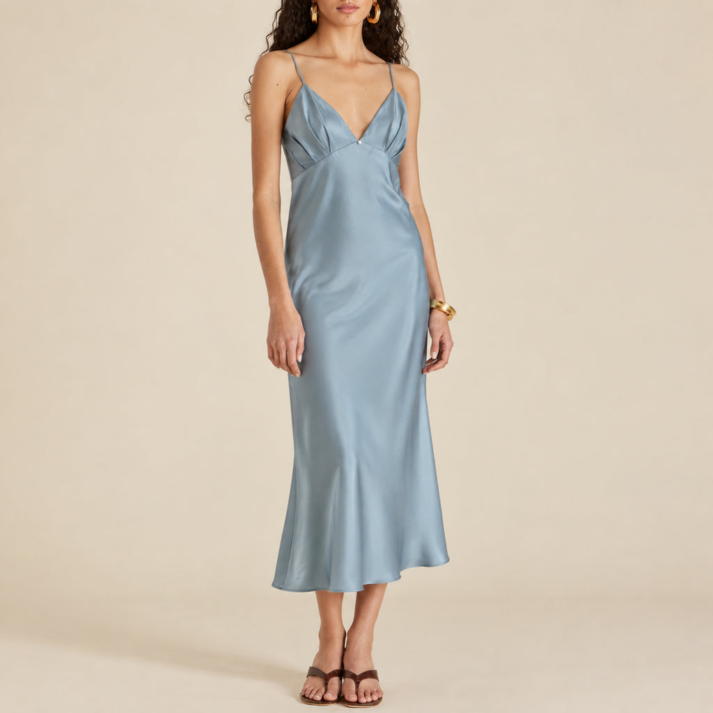 Satin Slip Dress - Handmade Open Back Midi Nightgown CLARA