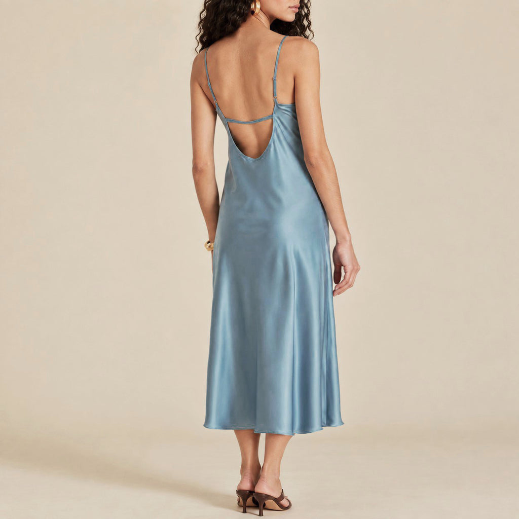 Silky Satin Midi Dress: V-Neck Open Back, Honeymoon/Date Night Outfit, Romantic Sleepwear Gift For Her, CLARA