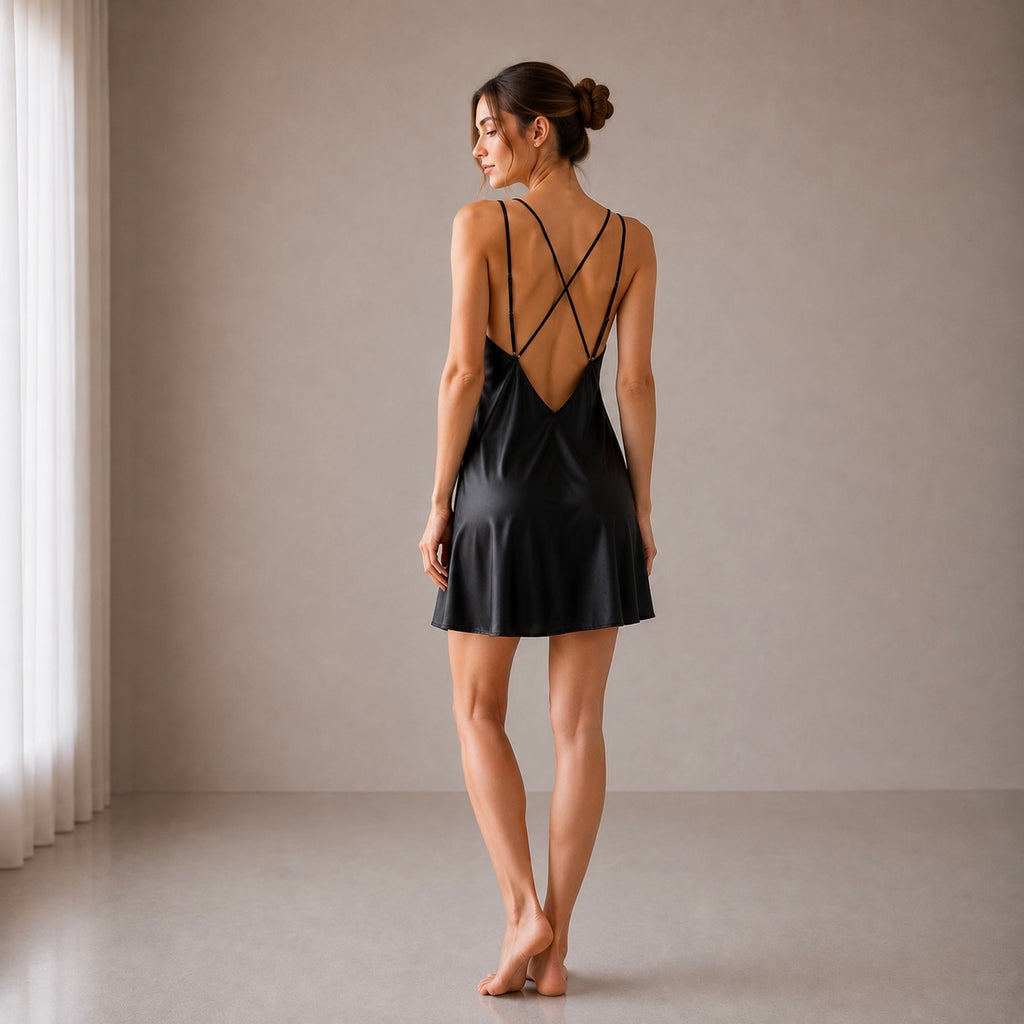 Black Satin Backless Dress, Adjustable Strap, Custom Colors, Sexy Sleepwear, CUP2