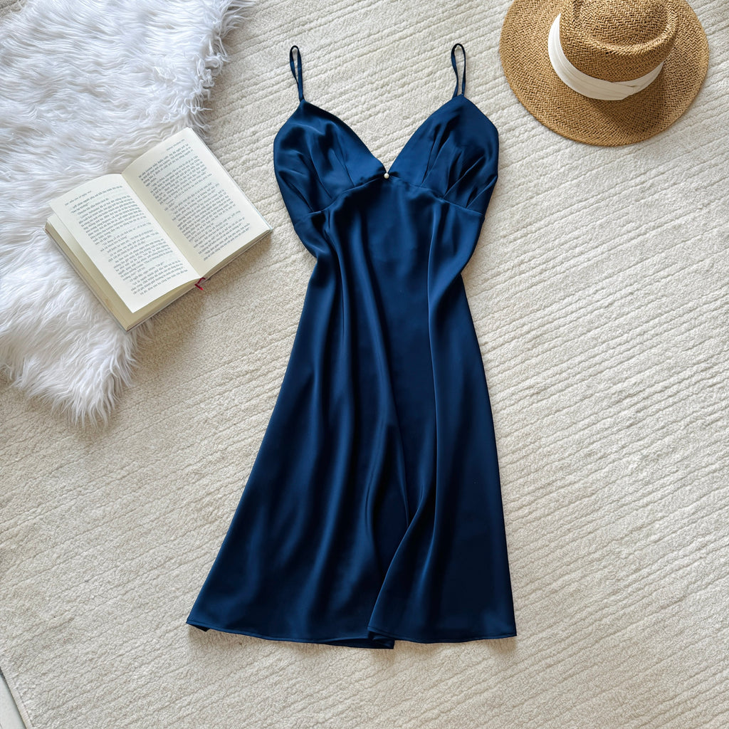Satin Slip Dress - Handmade Open Back Midi Nightgown CLARA