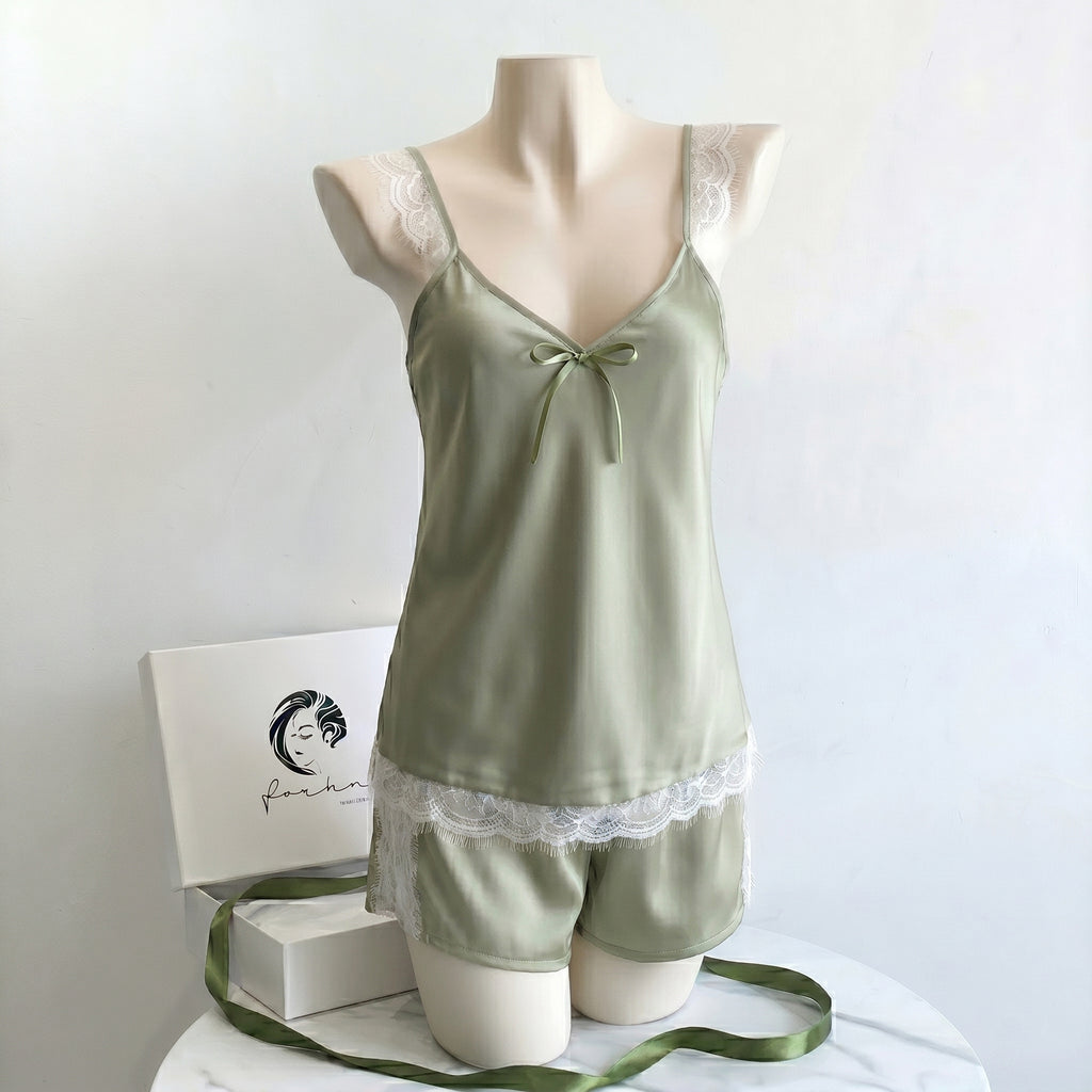 Eira Lace Satin Pajama Set | Cami and Shorts Sleepwear | Silky Sleep set | Bridal Shower Gift