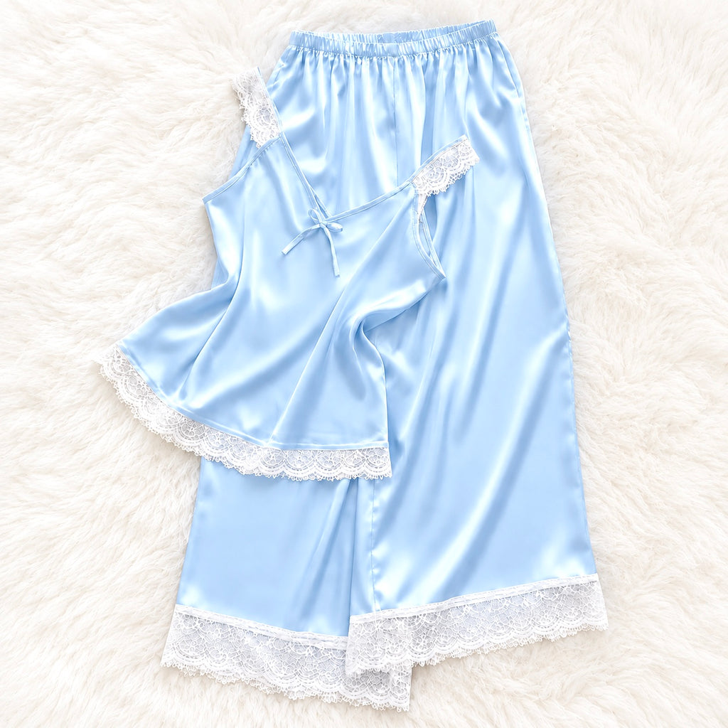 Satin Lace Cami & Wide Leg Pants Pajama Set – Silky Women’s Sleepwear