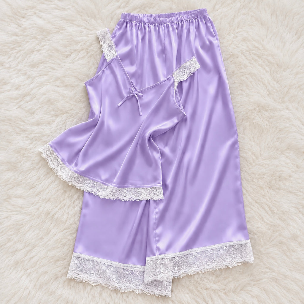 Satin Lace Cami & Wide Leg Pants Pajama Set – Silky Women’s Sleepwear
