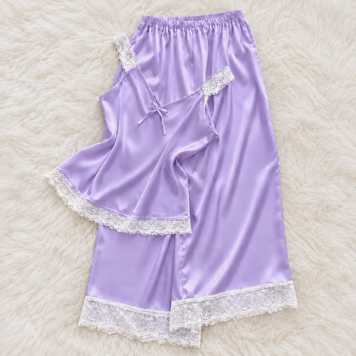 Satin Lace Cami & Wide Leg Pants Pajama Set – Silky Women’s Sleepwear
