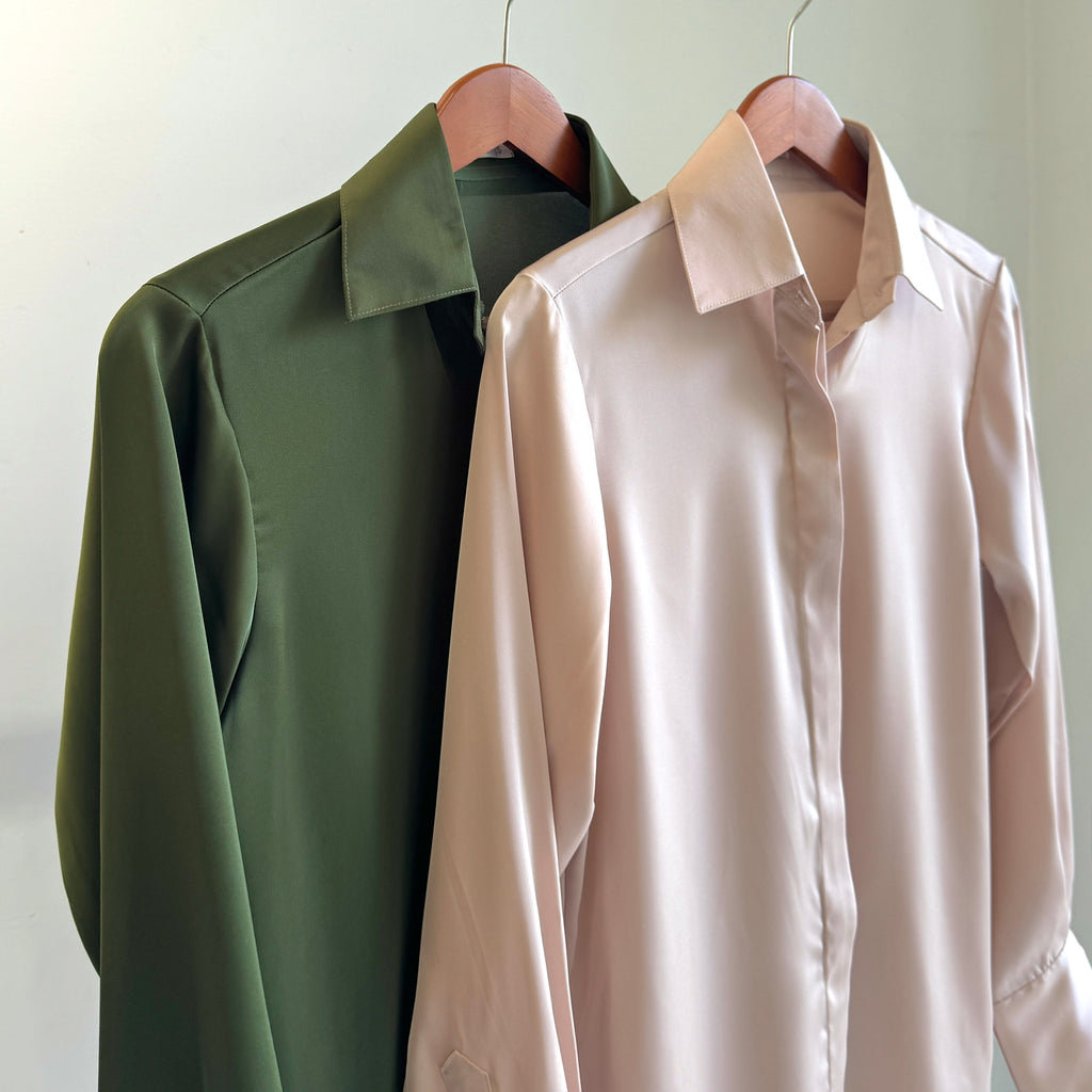 Moss Green, Beige Silky Blouse, Long Sleeve Hidden Button Office Satin Shirt, Siren Shirt