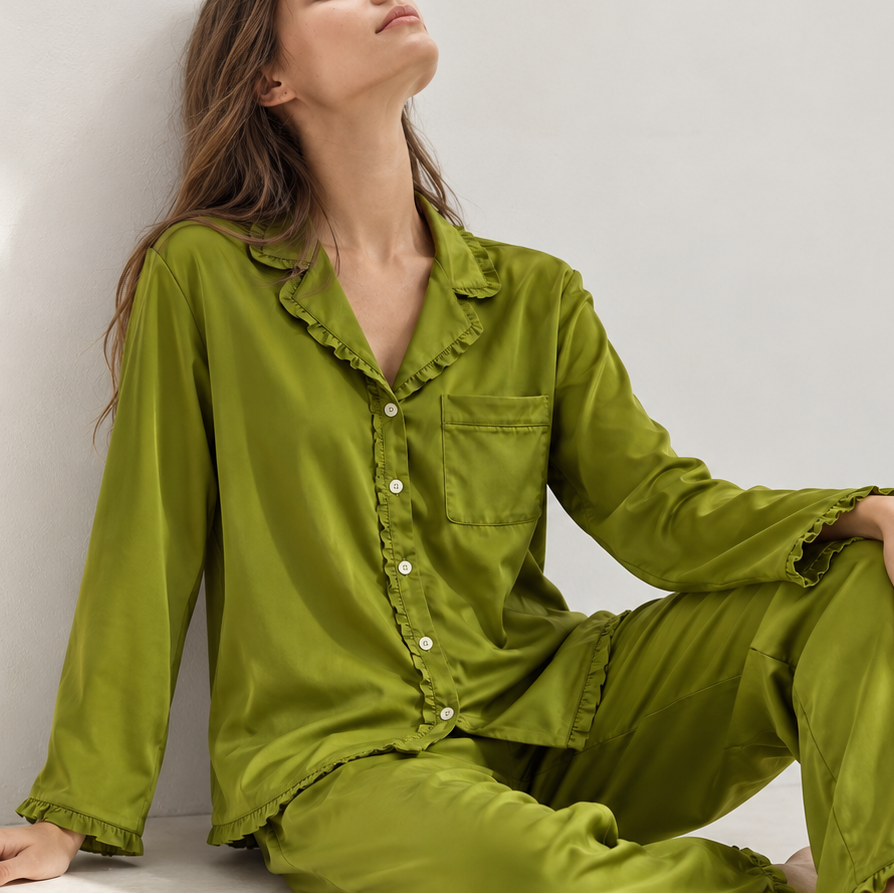 Feminine Ruffle Satin Pajama Set – Long Sleeve Button Down Sleepwear