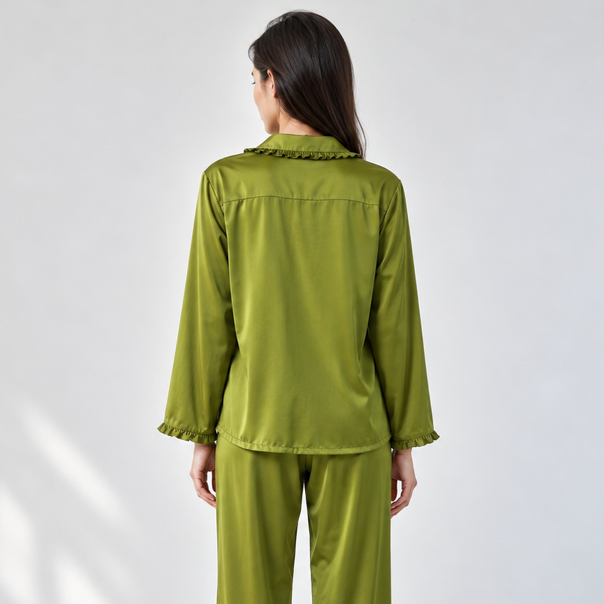 Feminine Ruffle Satin Pajama Set – Long Sleeve Button Down Sleepwear
