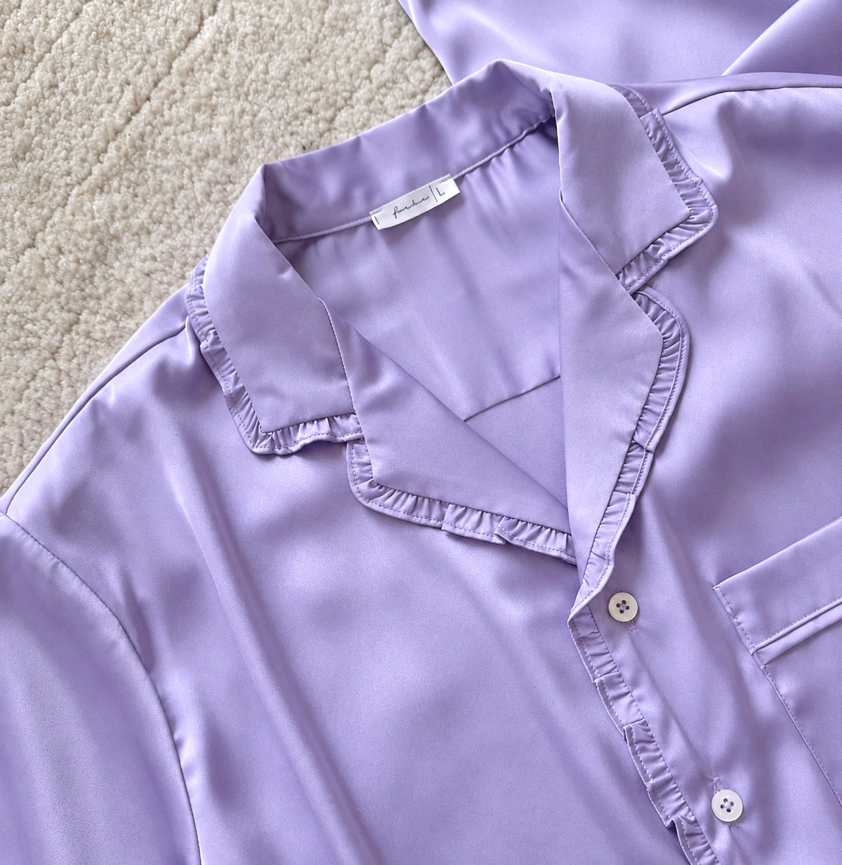 Feminine Ruffle Satin Pajama Set – Long Sleeve Button Down Sleepwear