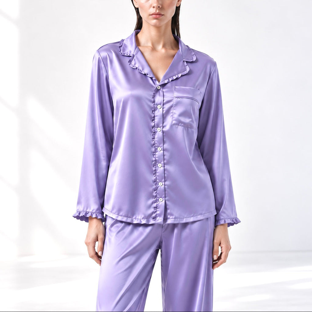 Ruffle Trim Satin Pajama Set – Women’s Long Sleeve Sleepwear - JULI LS