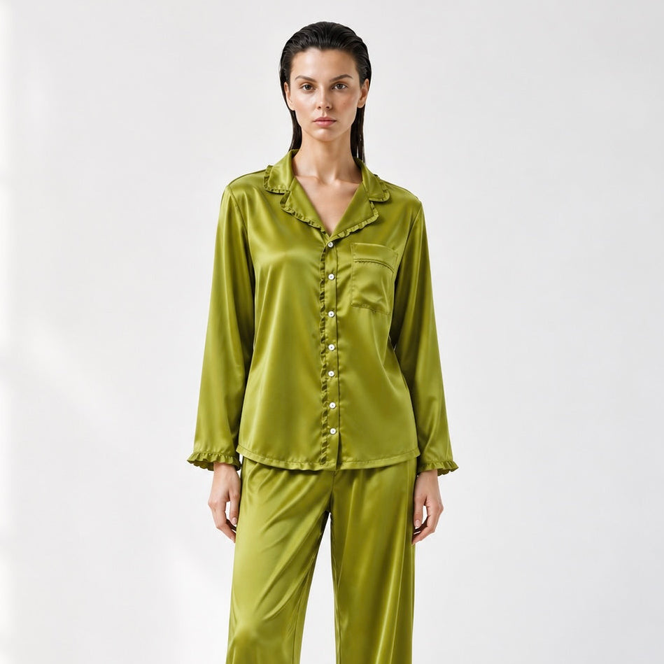 Feminine Ruffle Satin Pajama Set – Long Sleeve Button Down Sleepwear