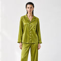 Feminine Ruffle Satin Pajama Set – Long Sleeve Button Down Sleepwear