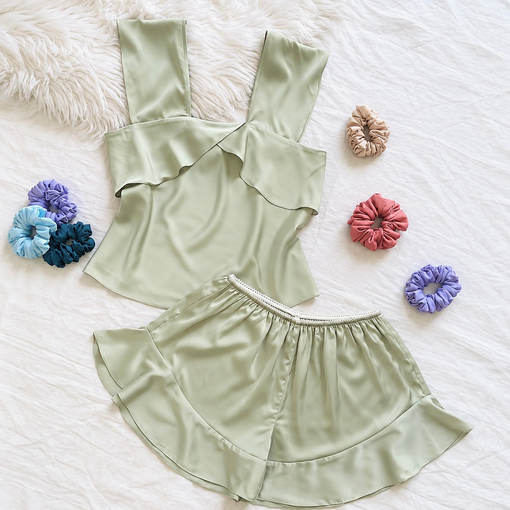 KRIS Silky Satin Pajama Set, Wide Strap Cami Shorts, Women's Loungewear, Holiday Gift for Her