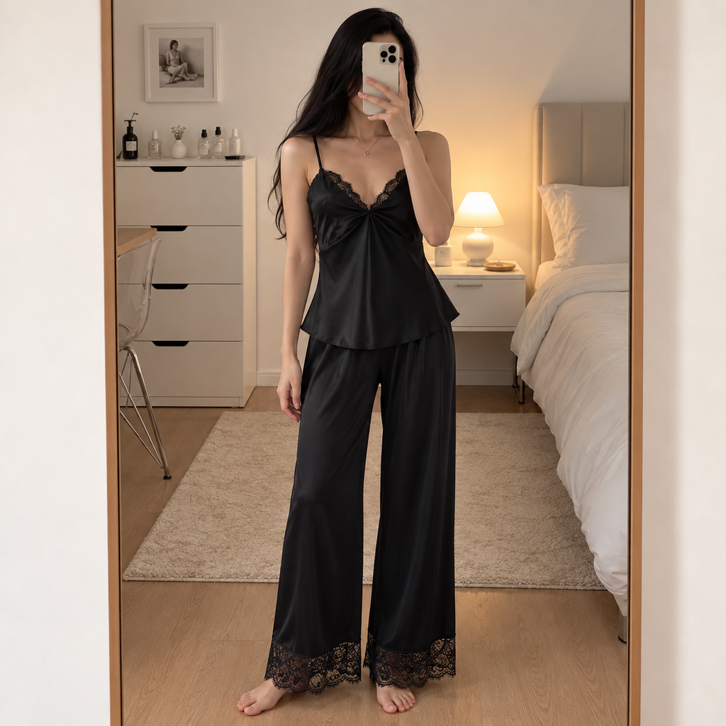 Satin Cami Pajama Set with Lace Trim | Elegant  Sleepwear Set- LAYLILSET