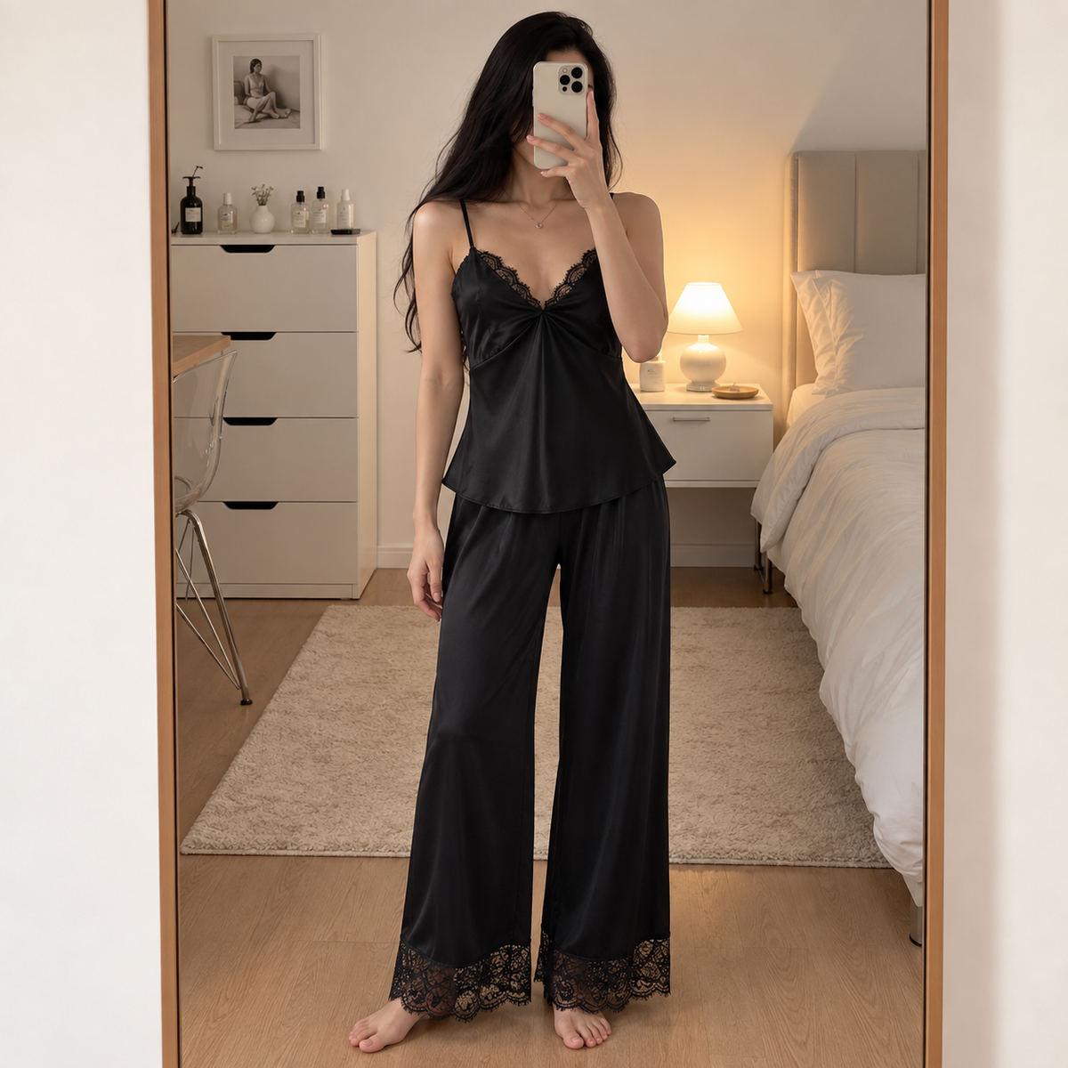 Satin Cami Pajama Set with Lace Trim | Elegant  Sleepwear Set- LAYLILSET