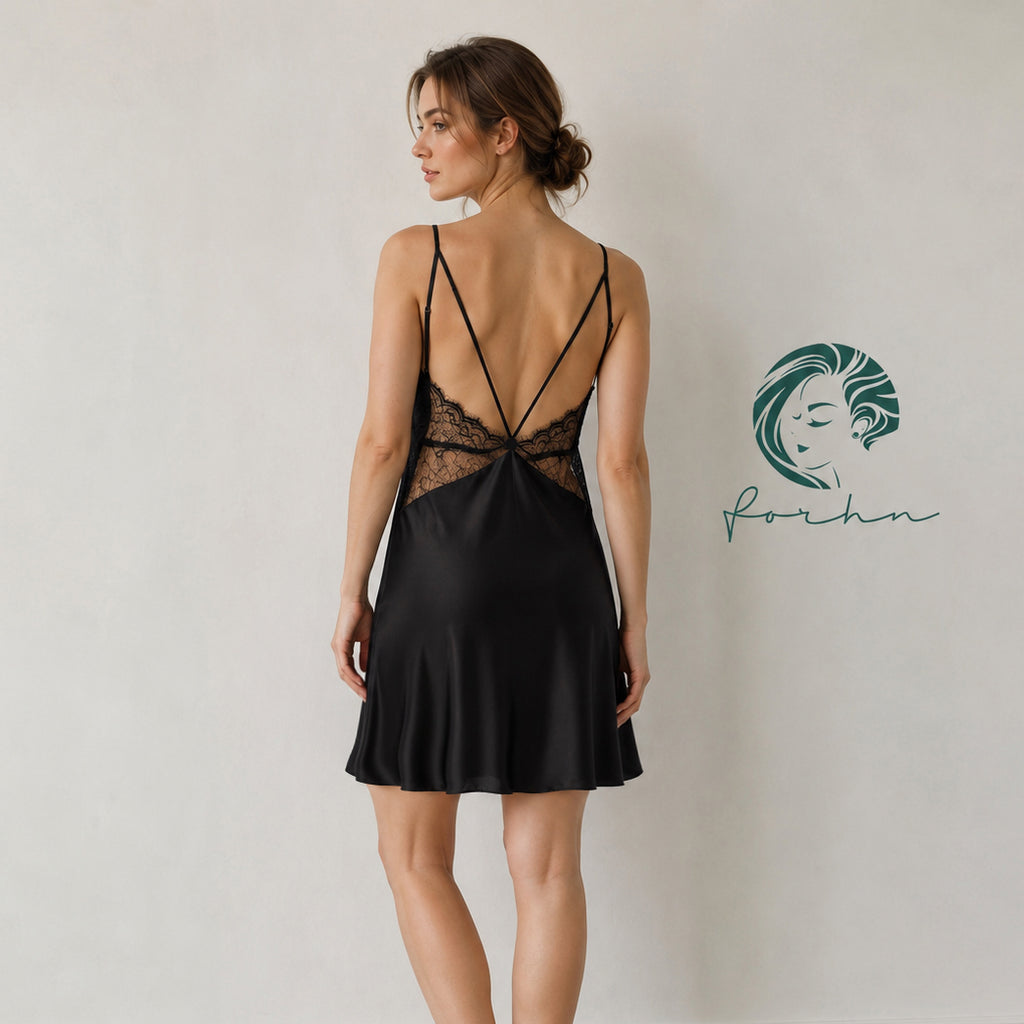 Nicky Backless Satin Lace Slip Dress, Open Back Nightgown, Romantic Sleepwear