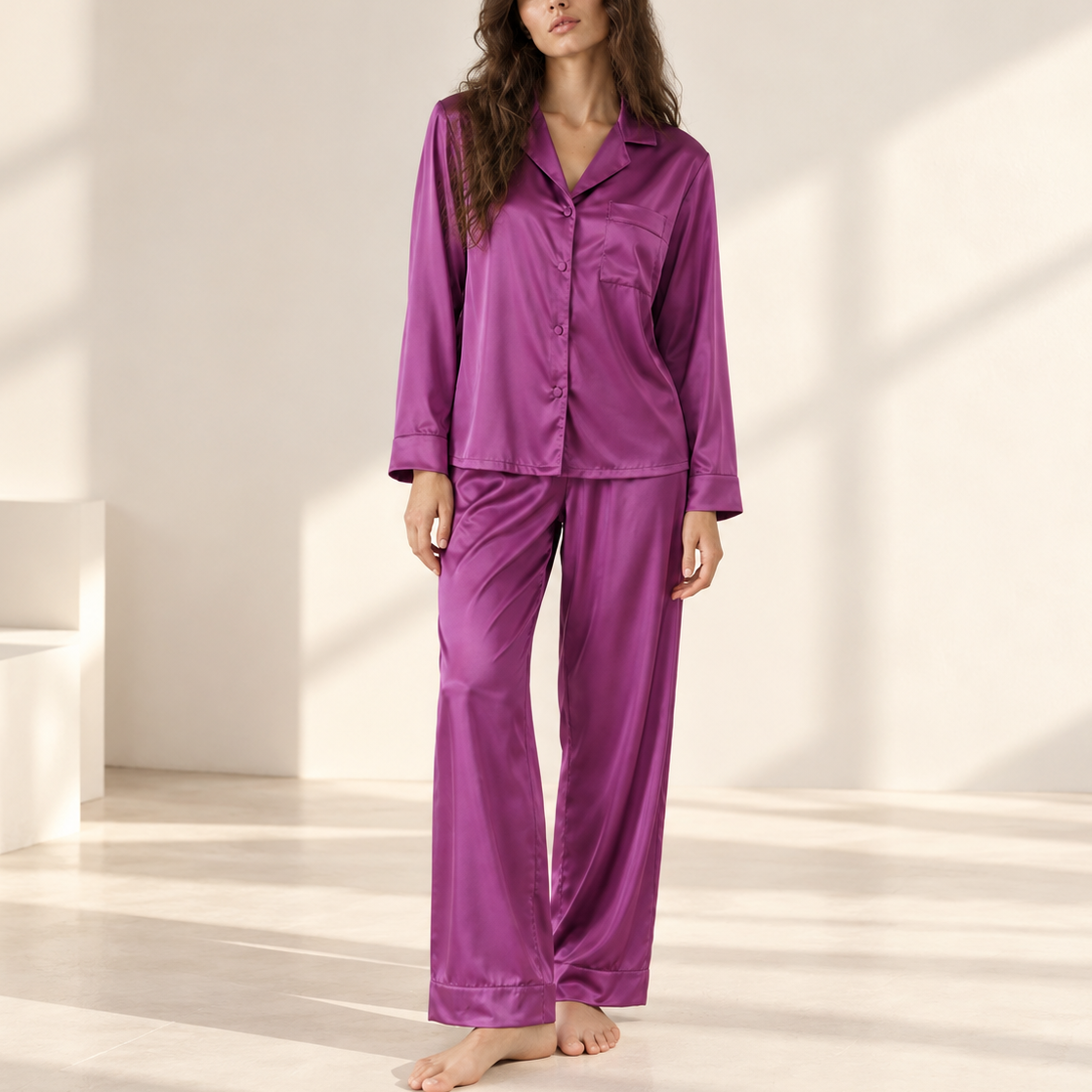 Classic Satin Long Sleeve Pajama Set – Elegant Sleepwear & Loungewear for Women, NUTBOC1PJ