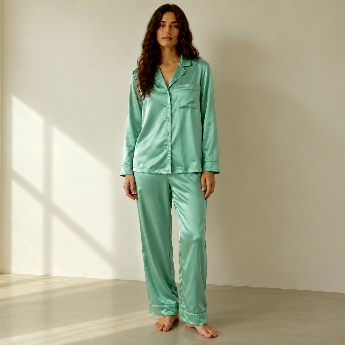 Deep Green Satin Pajama Set, Women's Sleepwear, Holiday Gift for Her, NUTBOC1PJ