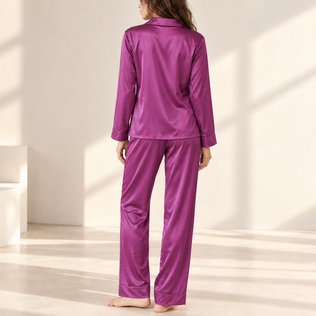 Classic Satin Long Sleeve Pajama Set – Elegant Sleepwear & Loungewear for Women, NUTBOC1PJ