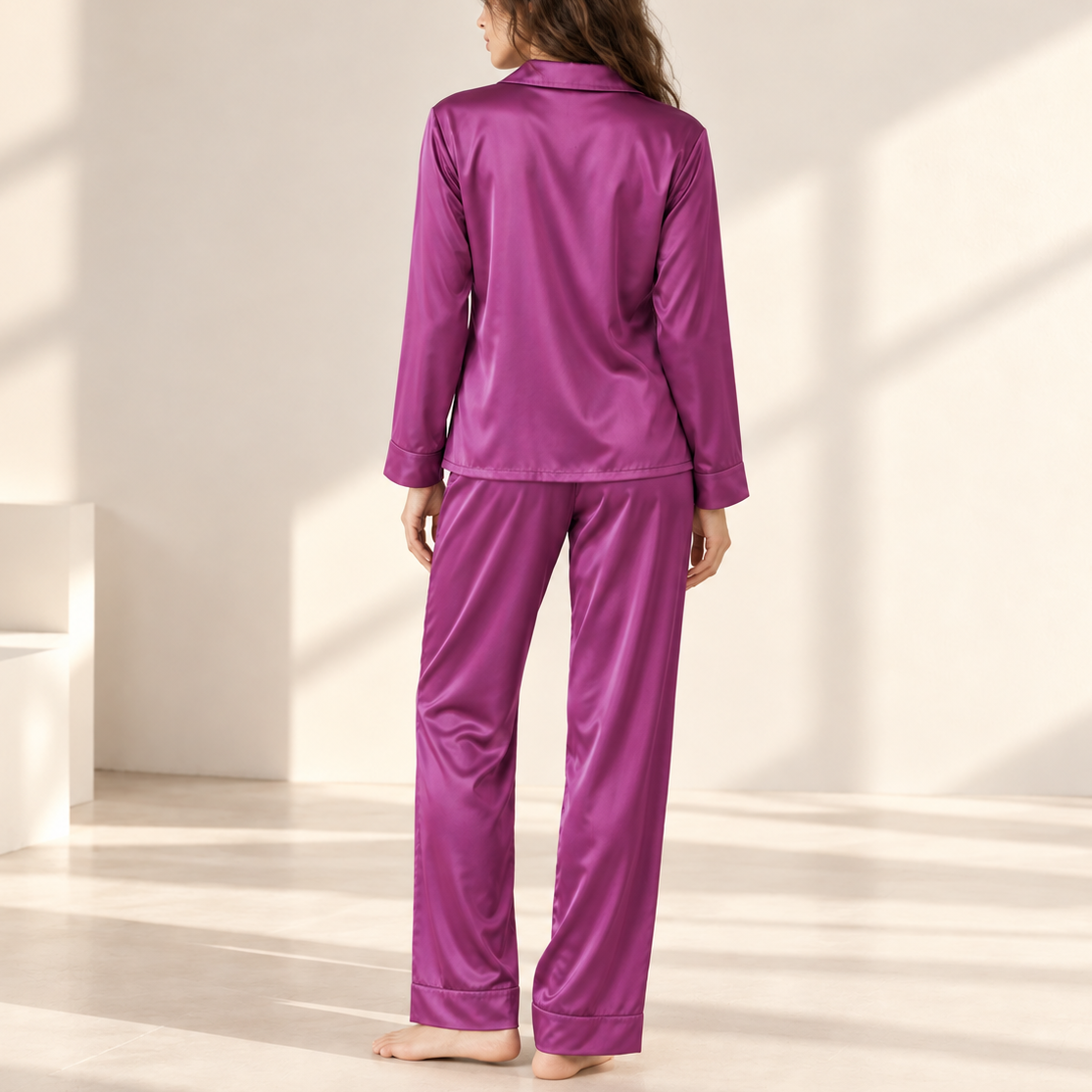 Classic Satin Long Sleeve Pajama Set – Elegant Sleepwear & Loungewear for Women, NUTBOC1PJ