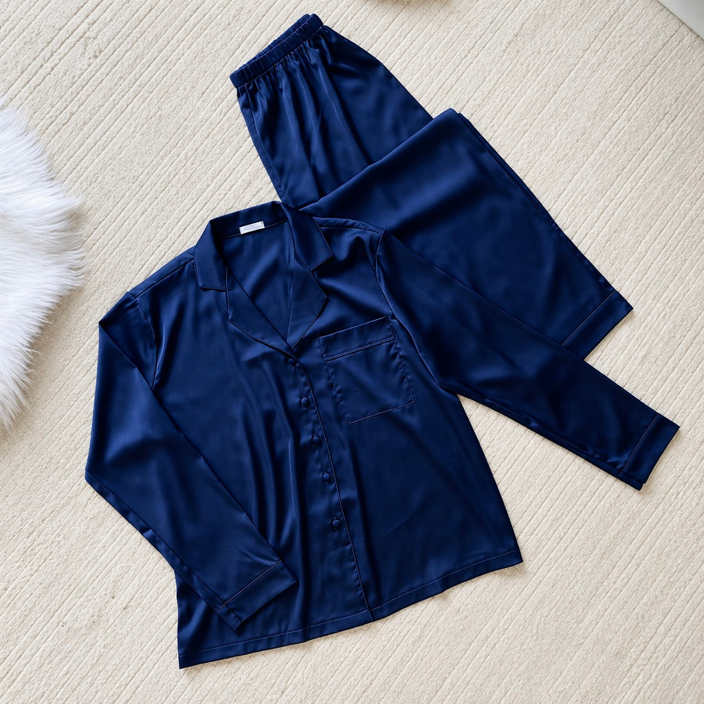Classic Satin Long Sleeve Pajama Set – Elegant Sleepwear & Loungewear for Women, NUTBOC1PJ