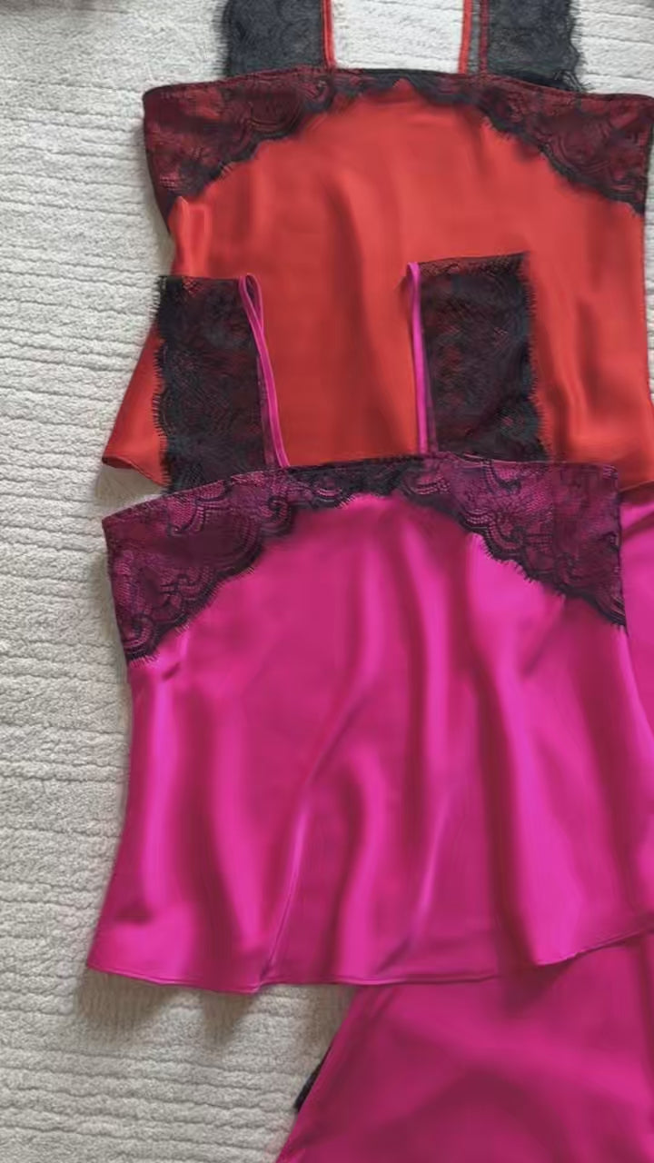 Lace Satin Pajama Set, Square Neck Camisole with Wide Leg Pants Sleepwear, Kristal