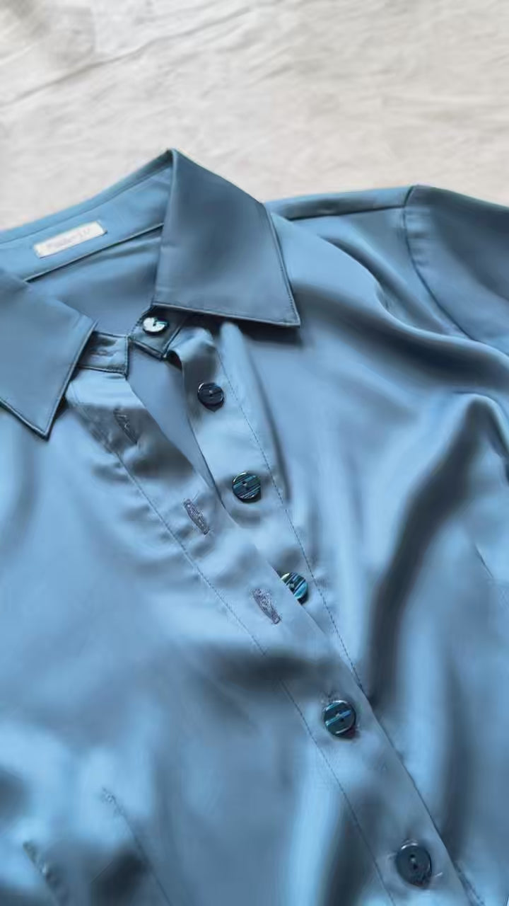 Satin Slim Fit Blouse – Blue Gray, Teal & Lilac, SUNNY Shirt
