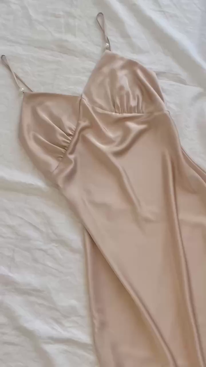 Moonlit Satin Slip Nightgown, Midi Slip Dress for Women