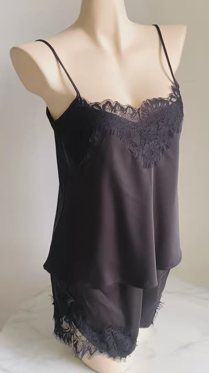 Lace Satin Camisole Set in Black, HotPink – Honeymoon Sleepwear, Pomi
