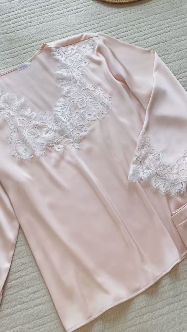 Lace Satin Pajama Set, Long Sleeves Pants Set, Gift for her, Rosalie