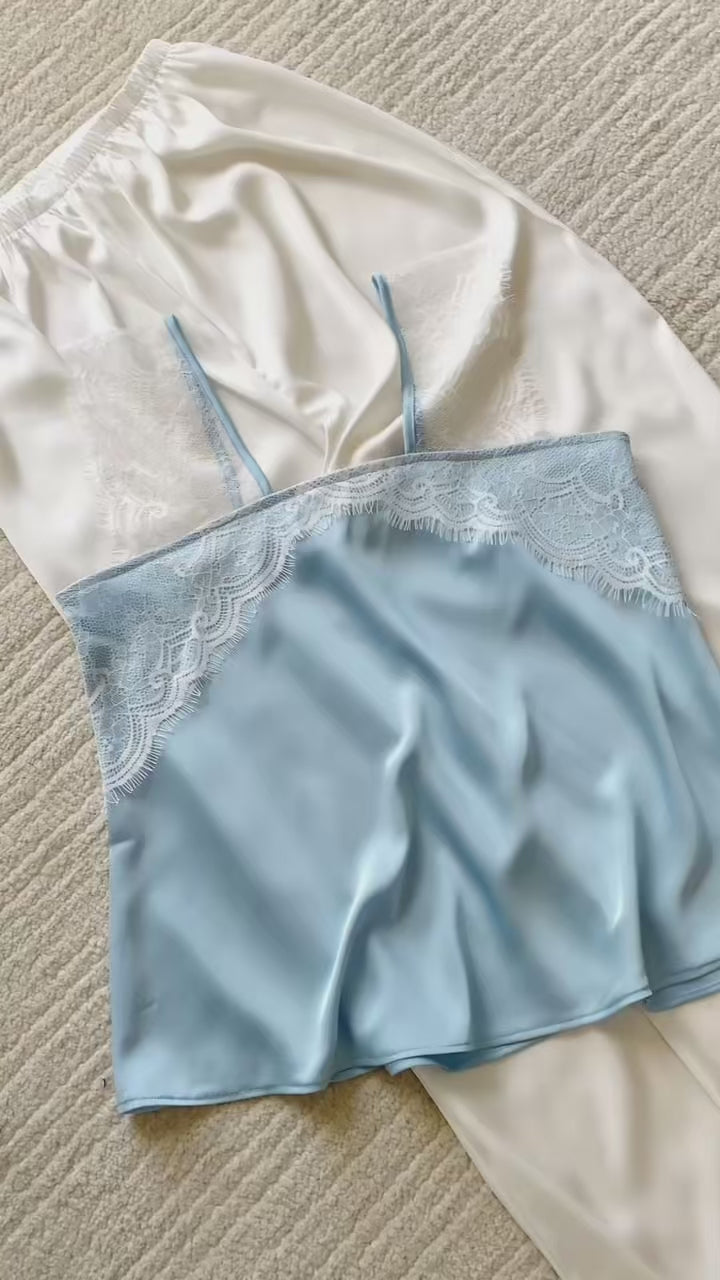 Kristal Long Pants Satin Camisole, Cute Women's Loungewear Pajama Set