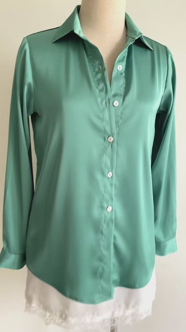 Satin Blouse in Violet, Mint Green, Long Sleeve Shirt, Office Workwear, Kami