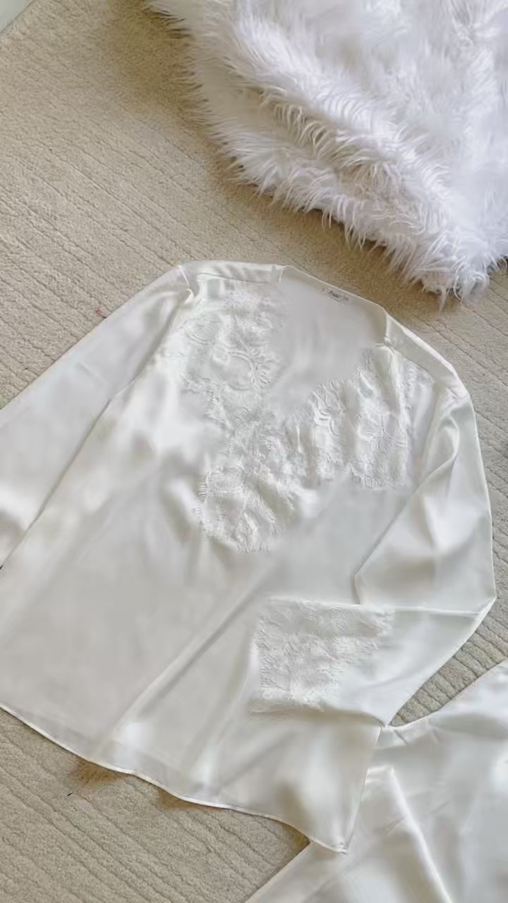 Lace Satin Pajama Set, Long Sleeves Pants Set, Gift for her, Rosalie