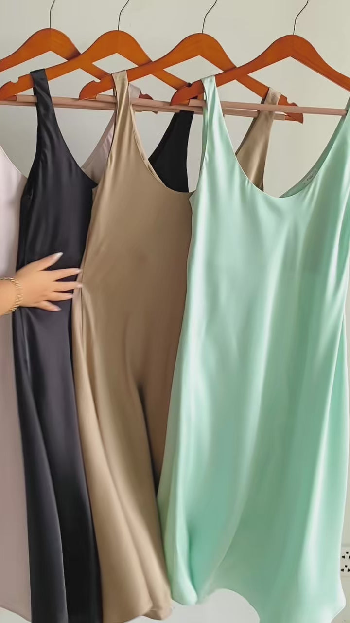 Eudora Silky Satin Midi Sleep Dress – Scoop Neck, Elegant Loungewear & Day-to-Night Style