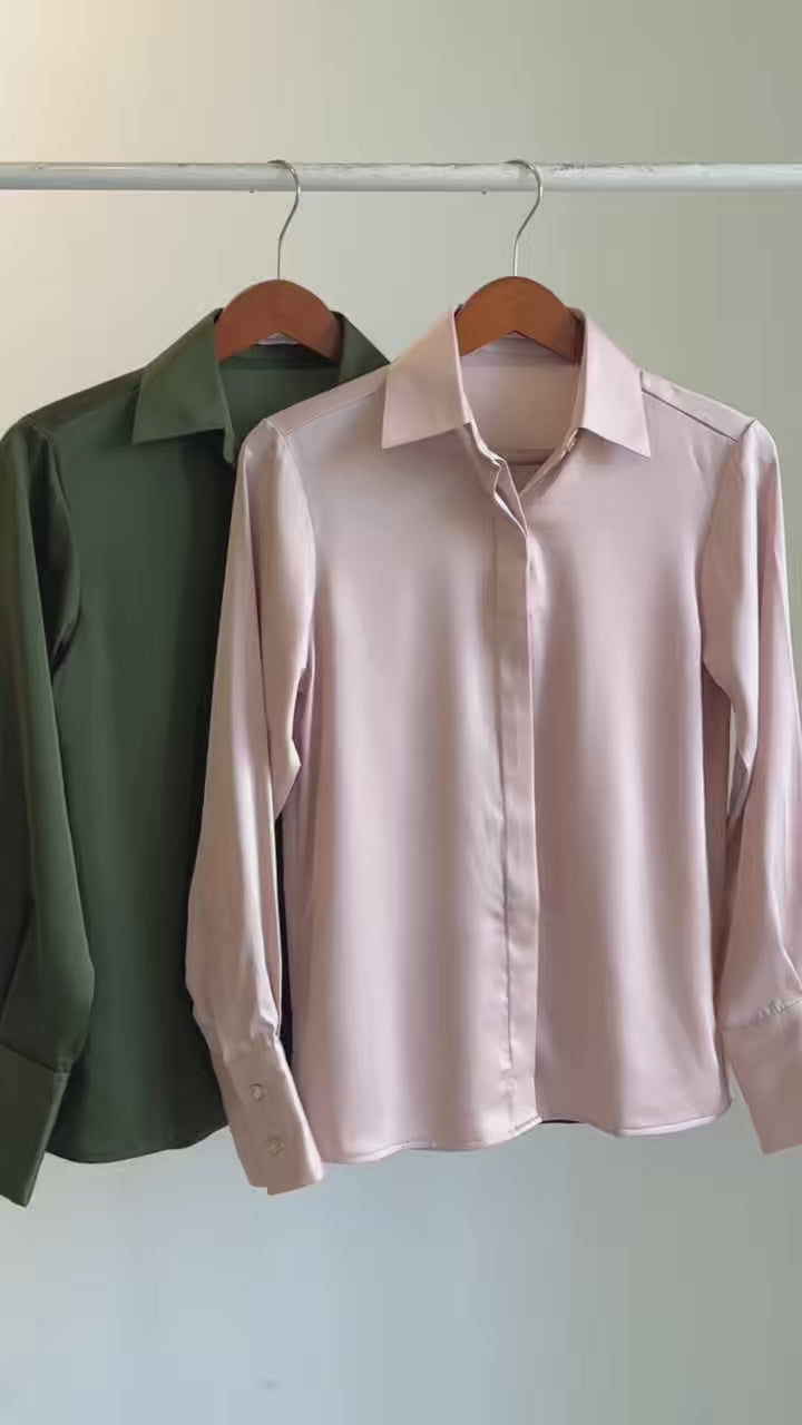 Moss Green, Beige Silky Blouse, Long Sleeve Hidden Button Office Satin Shirt, Siren Shirt