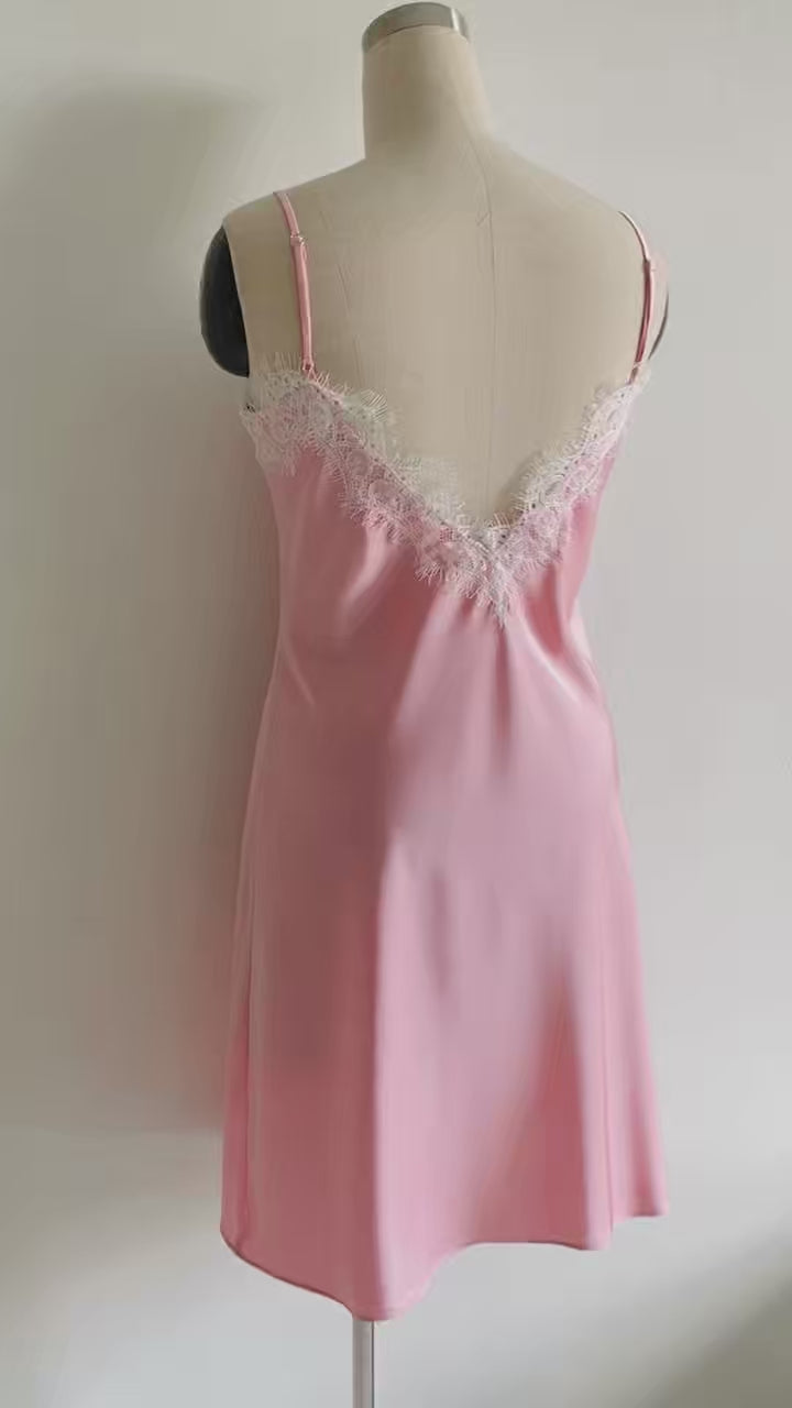 Adele Backless Satin Lace Slip Dress, Open Back Nightgown, Romantic Sleepwear