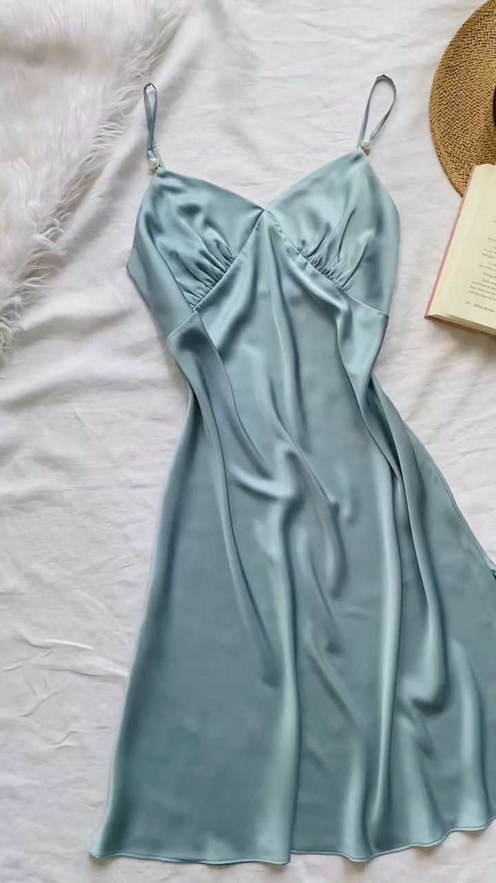 Moonlit Satin Slip Nightgown, Midi Silky Dress for Women
