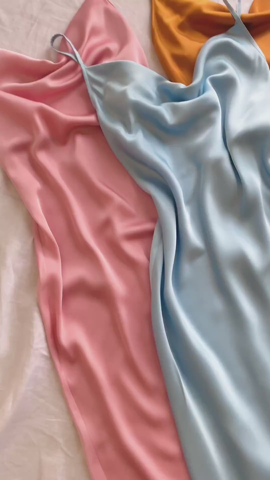 Satin Slip Midi Dress, Cowl Neck Cami Dress in Pink, Apricot, Light-blue, Ladonna