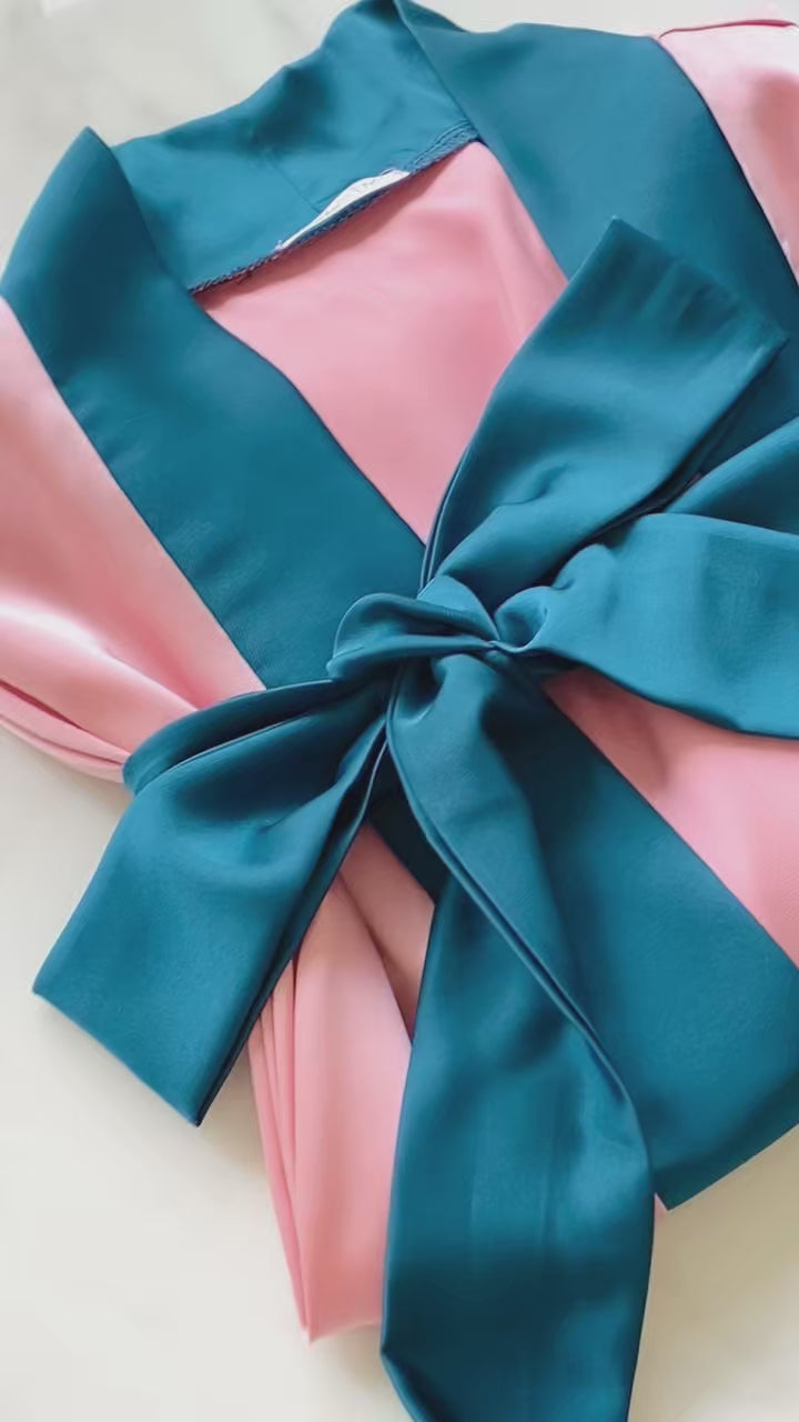 Teal Pink Satin Slip Dress Robe Set, Bridal Party Loungewear