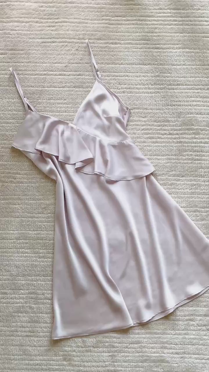 Satin Ruffle Slip Dress Date Night Outfit Silky Sleepwear Romantic Nightdress MEGAN