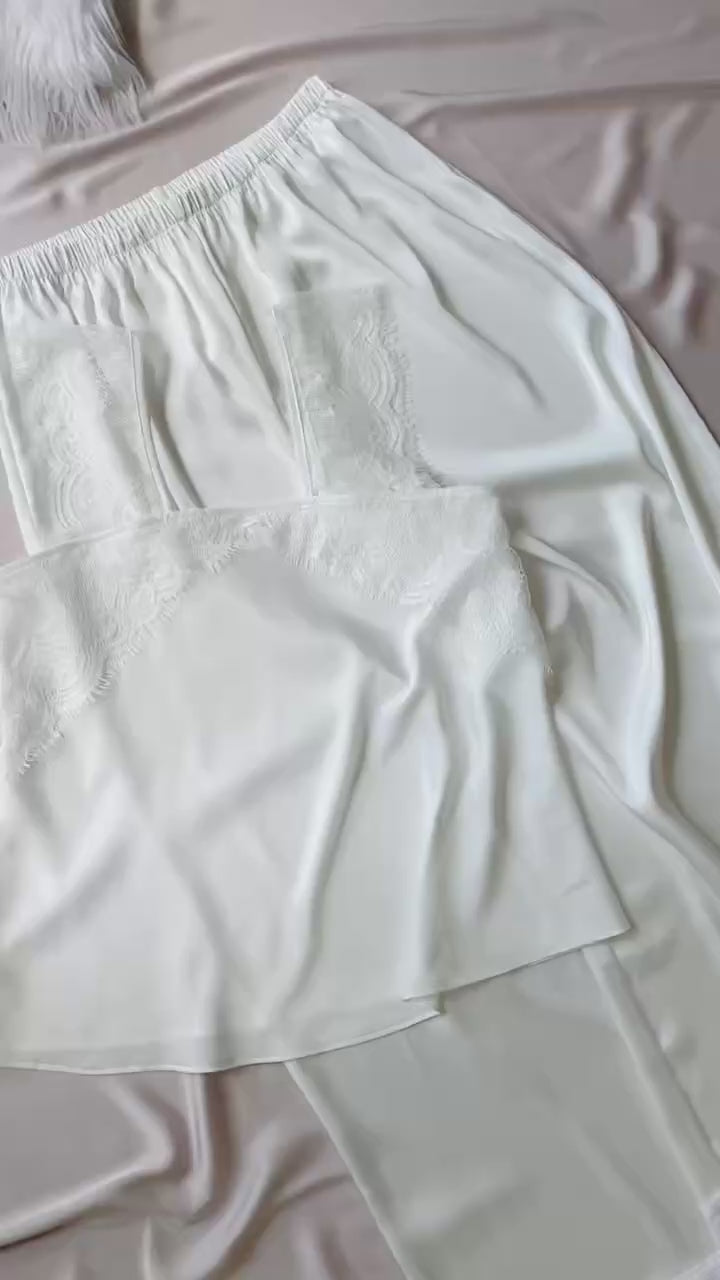 Kristal Long Pants Satin Camisole, Cute Women's Loungewear Pajama Set