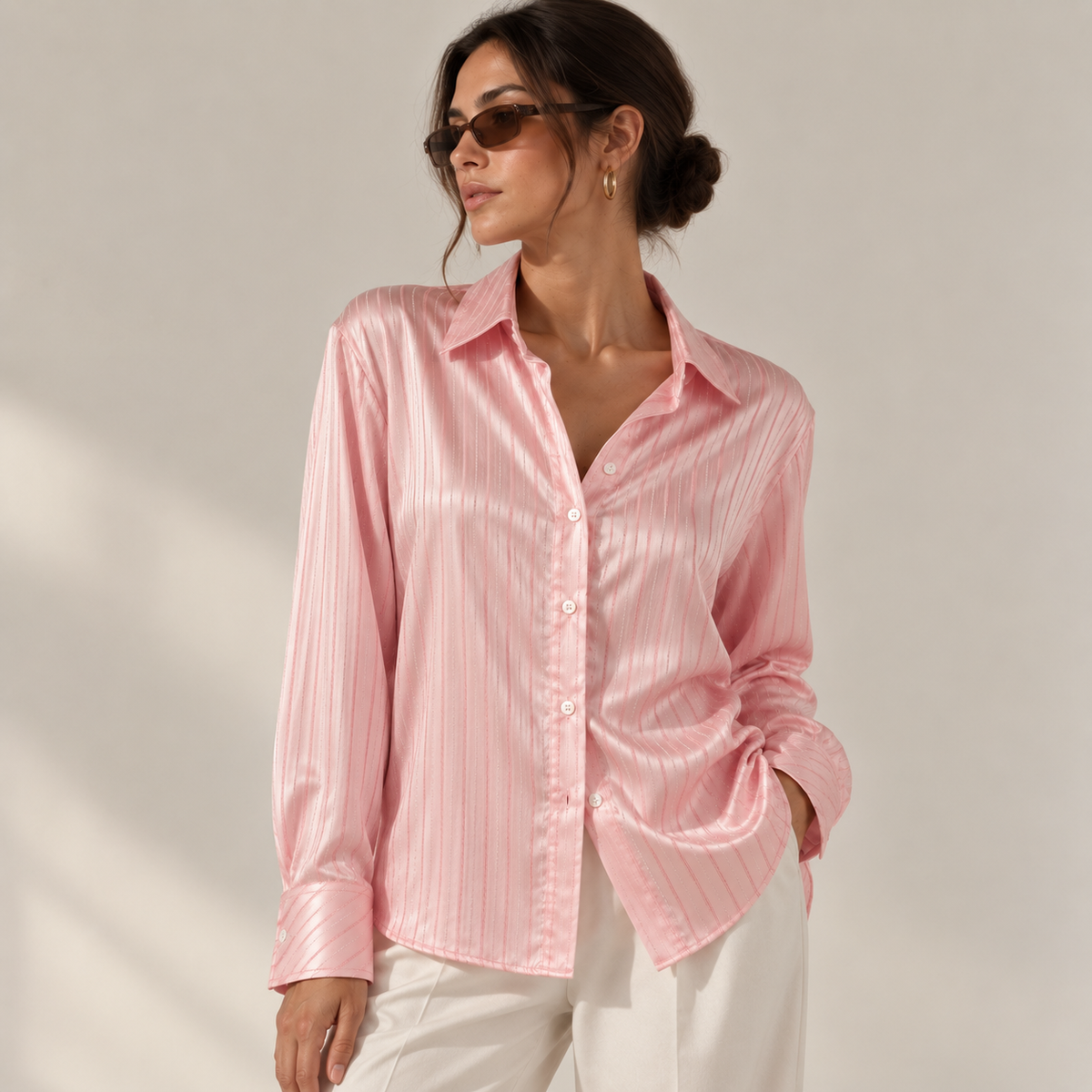 Pink Sparkle Strip- Women’s Relaxed Button Down Blouse– Satin Skirt