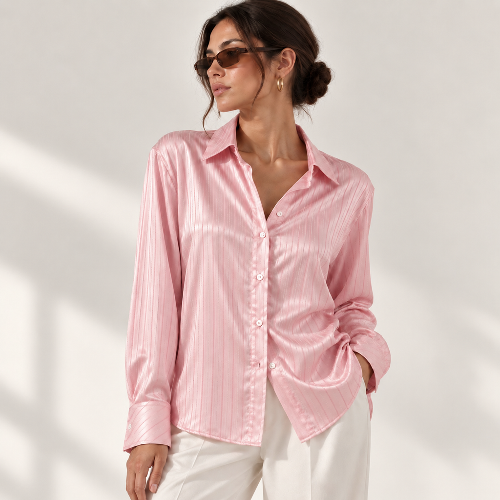 Pink Sparkle Strip- Women’s Relaxed Button Down Blouse– Satin Skirt