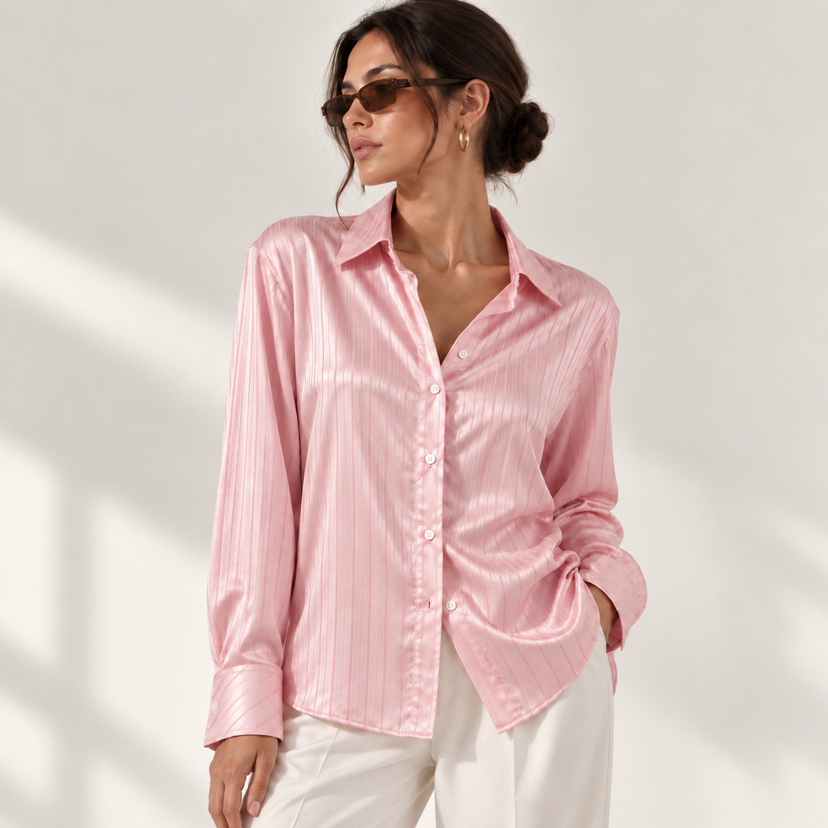 Pink Sparkle Strip- Women’s Relaxed Button Down Blouse– Satin Skirt