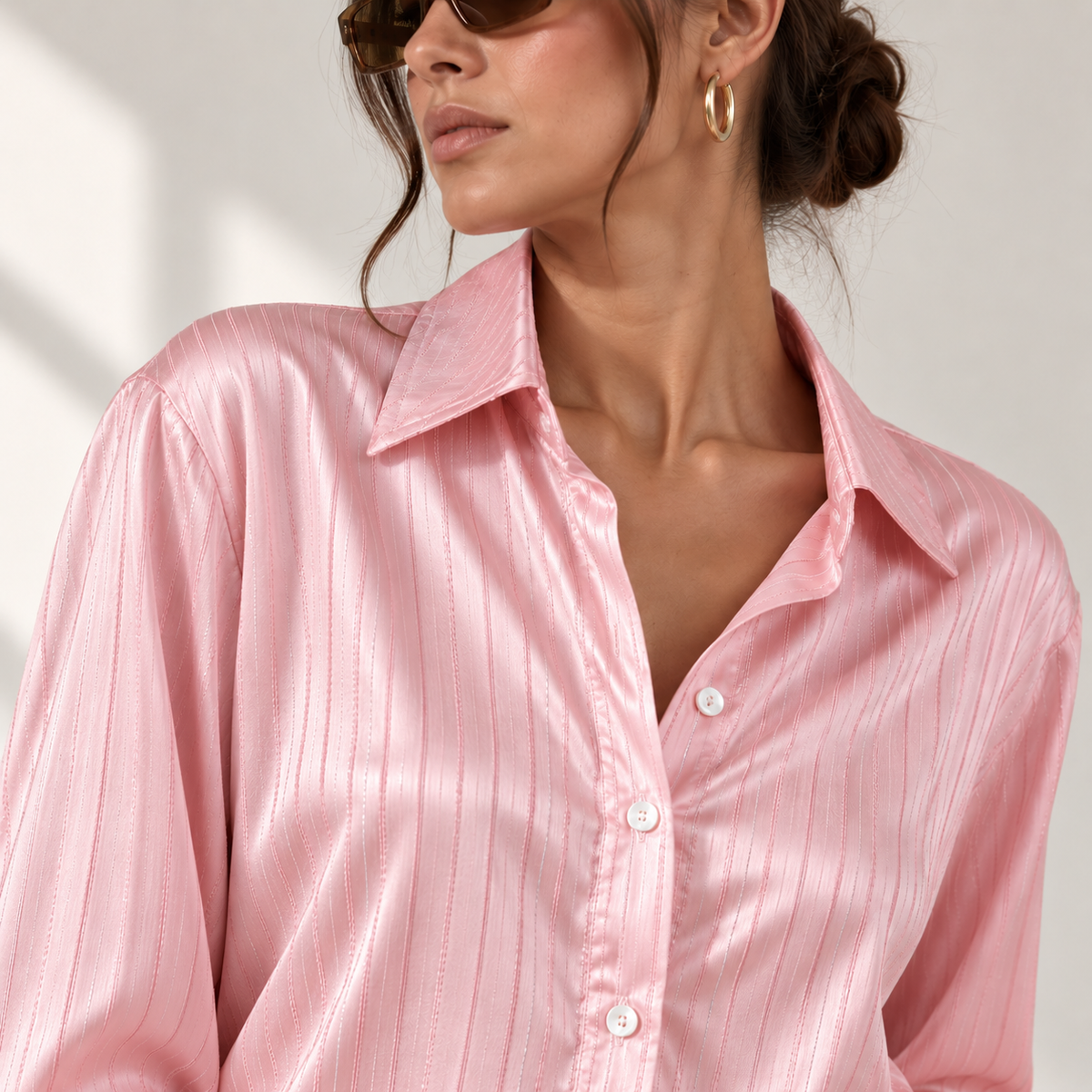Pink Sparkle Strip- Women’s Relaxed Button Down Blouse– Satin Skirt