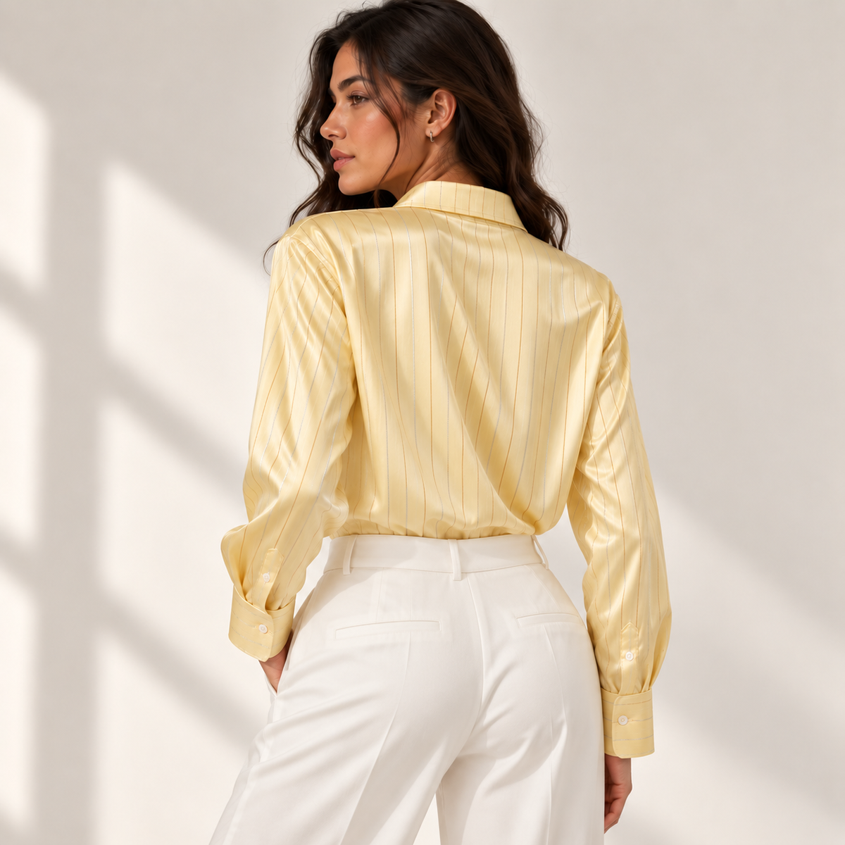 Gold Sparkle Stripe Satin Blouse – Women’s Silky Button Down Shirt