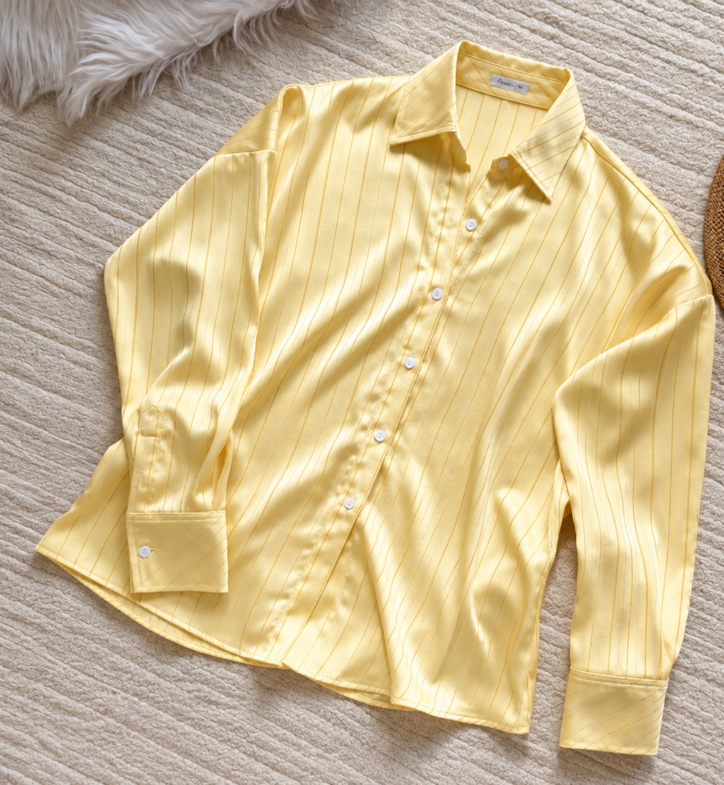 Gold Sparkle Stripe Satin Blouse – Women’s Silky Button Down Shirt